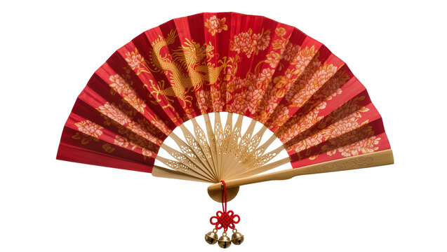 Red silk fan with golden dragon and floral patterns, isolated on transparent background