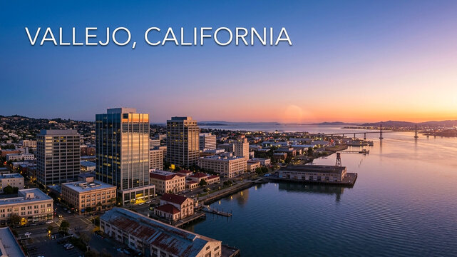 Scenic sunset over the city of Vallejo, California, featuring buildings near the water and a bridge in the distance
