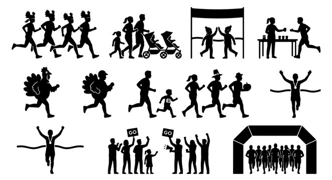Turkey Trot marathon silhouettes, Thanksgiving fun run icons set, people running in costumes and athletic gear, holiday community race event vector