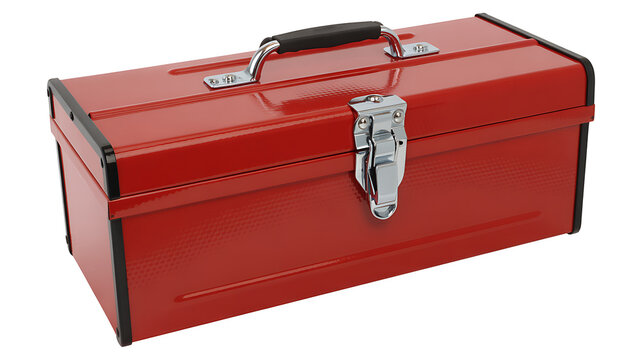 Red metal toolbox with silver latch and handle, black accents metal box tool chest red toolbox