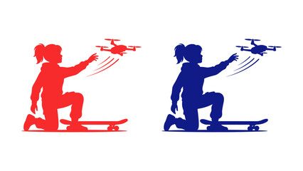 Silhouette of a girl kneeling on a skateboard and playing with a drone © Growup Pixel