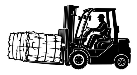 Industrial forklift silhouette with driver lifting cargo, warehouse lift truck vector illustration, heavy machinery operator moving large bales © Shawkat
