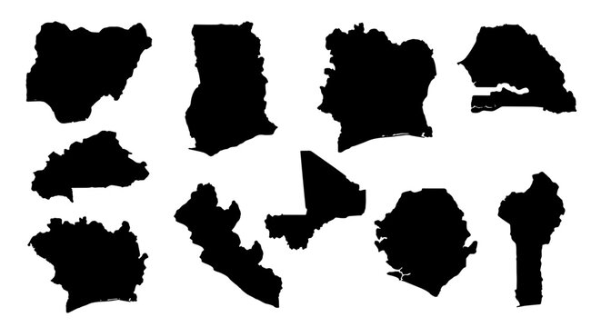 West African country map silhouettes, black vector borders of African nations, set of 10 geographic regional outlines for infographic design