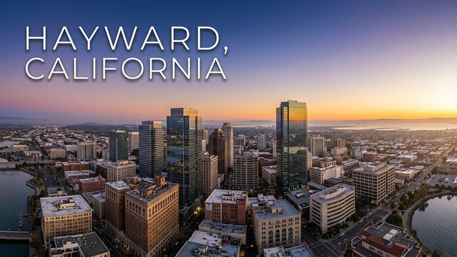 Aerial sunset view over Hayward, California, showcasing tall city buildings and urban development