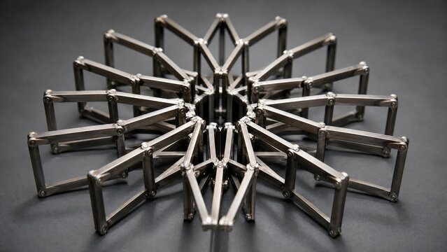 Geometric structure of interlocking metal bars in partial extension, radial pattern.