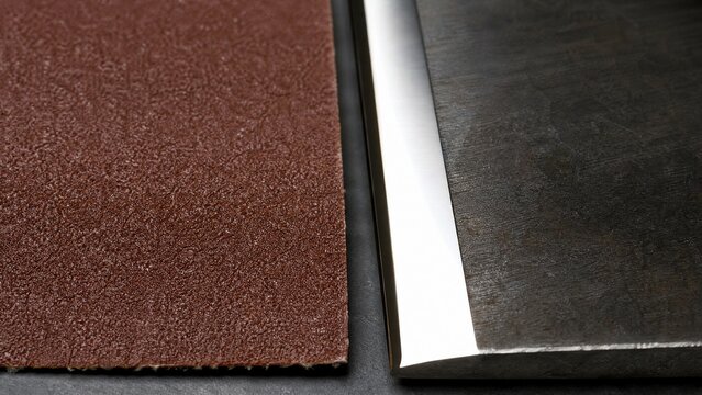 Coarse sandpaper next to a polished metal strip.