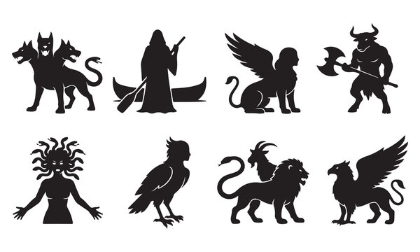 Set of black silhouettes featuring mythological creatures including cerberus, charon with a boat, a sphinx, a minotaur with an axe, medusa, a griffin, and a chimera on a white