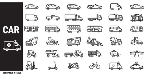 Transportation and Vehicle Outline Icon Set Collection – Cars, Trucks, Buses, Construction and Agricultural Vehicles Vector Pack © sharmin
