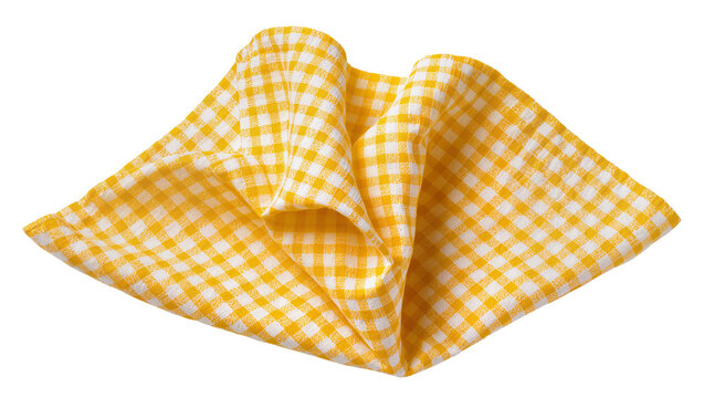 Yellow and white gingham checkered fabric napkin crumpled and folded, isolated on transparent background