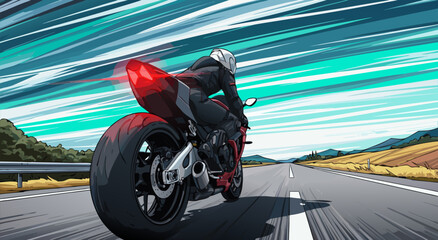 High speed motorcycle ride on highway, vector,illustration of biker in helmet zooming past scenic landscape © Purnomo Semlirick