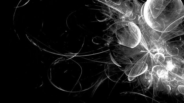 Black and white abstract fractal light animation, futuristic cosmic energy particles moving loop background