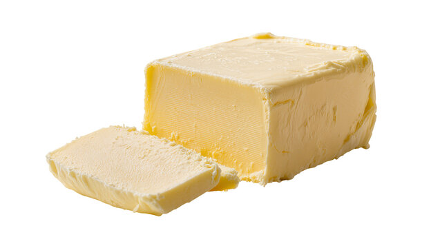 Butter block with slice cut off, dairy product