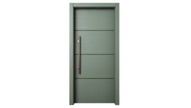 Modern sage green wooden door with horizontal panels and copper handle, isolated on transparent background