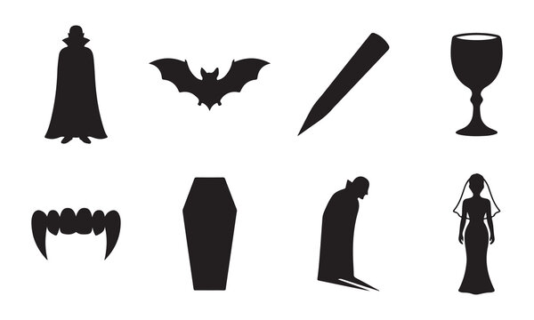 Set of black silhouettes featuring vampire themed including a vampire in a cape, a bat, a wooden stake, a chalice, vampire fangs, a coffin, a bowing vampire, and a ghostly bride