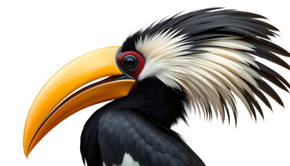 Fototapeta premium A close-up profile portrait of an exotic hornbill bird with a large yellow casque bill and a striking black and white feathery crest, white background.