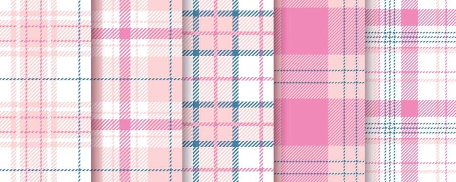 Plaid pink backgrounds. Check seamless pattern. Set gingham fabric prints. Tartan shirt cloth. Girly lumberjack tablecloth. Vichy flannel textures. Geometric checkered textile. Vector illustration