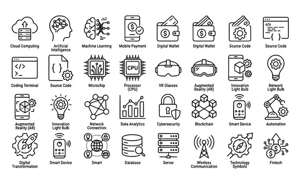 Digitalisation line icon set with cloud computing AI coding network and technology symbols