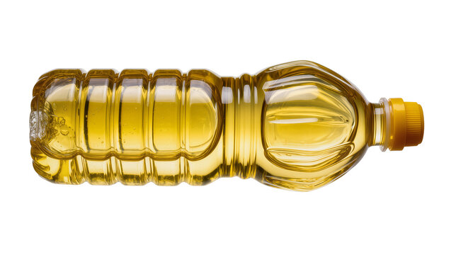 Clear plastic bottle filled with golden cooking oil, isolated on transparent background