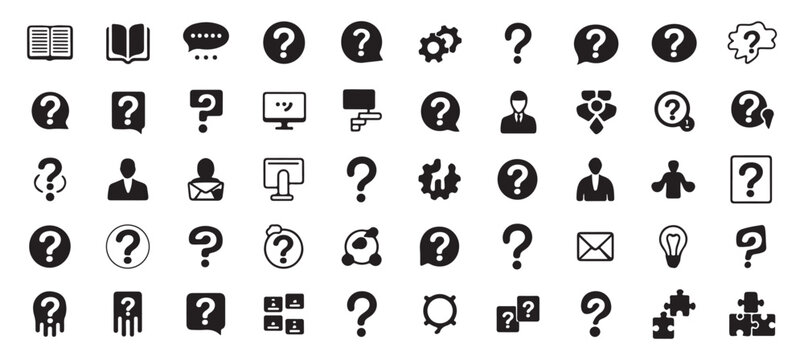 Large collection of diverse icons with question marks for various concepts, transparent background.