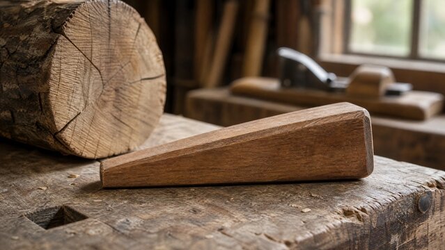 Wooden splitting wedge on a workbench next to a log, tool detail.
