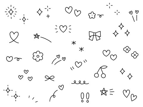 手書きの飾りイラストのベクターイラストセット。手描き、集中線、リボン、落書き、ハート、星
