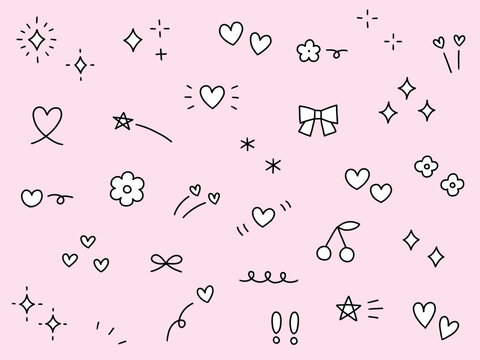 手書きの飾りイラストのベクターイラストセット。手描き、集中線、リボン、落書き、ハート、星