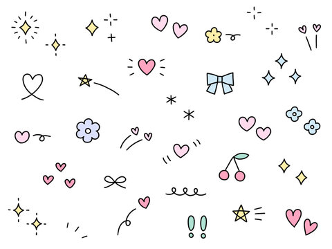手書きの飾りイラストのベクターイラストセット。手描き、集中線、リボン、落書き、ハート、星