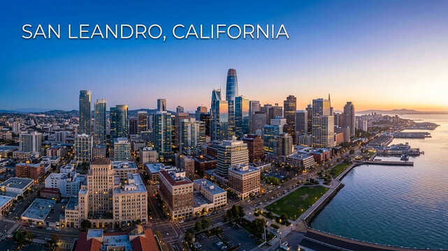 An aerial view of the San Leandro, California skyline at sunset, featuring tall buildings, urban streets, and the nearby bay
