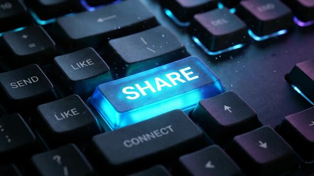 Glowing share keyboard key surrounded by dark computer buttons in cyber neon light symbolizing online content distribution social media promotion digital networking and modern communication technology