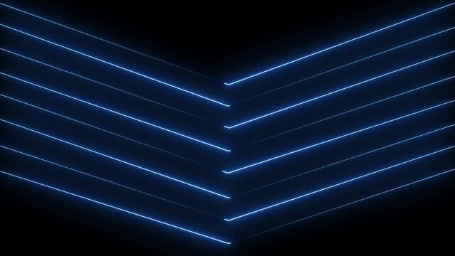 minimal geometric neon light beams intersecting on dark abstract background.