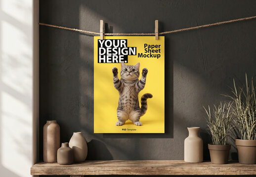 Vertical Paper Sheet or Poster Mockup hanging on rope
