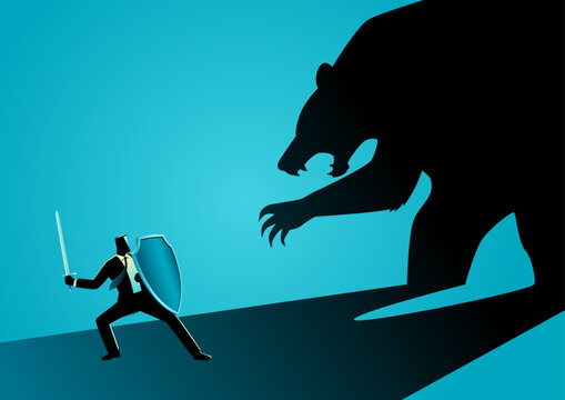 Businessman overshadowed by the shadow of a giant bear, market threat, financial risk, and economic recession concept