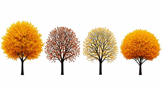 Four autumn trees with orange and red foliage on white background fall