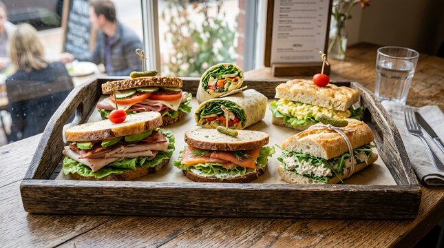 Assortment of fresh sandwiches and wraps arranged on a rustic wooden tray in a cafe setting.