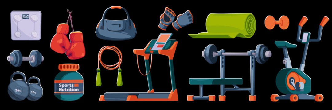 Gym equipment for workout. Training accessories for sport club or home exercises. Treadmill, bike, dumbbells, bench with barbell, jump rope, mat, bag, scale, gloves. Cartoon vector illustrations set.