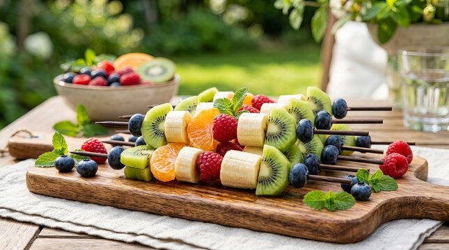 Fresh and colorful fruit skewers arranged on a wooden board for a healthy outdoor snack