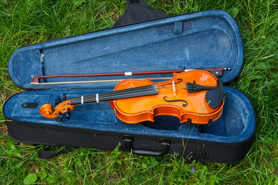 violin and bow in a blue case on a green grass background