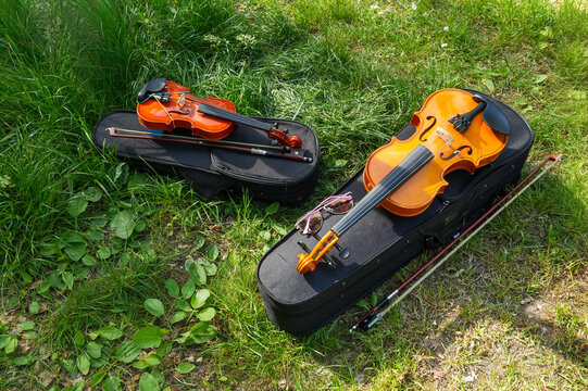Children's violin and bow on the grass in the park, top view. Musical instrument.
