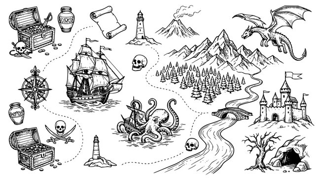 Fantasy adventure map with pirate ship and dragon illustration design