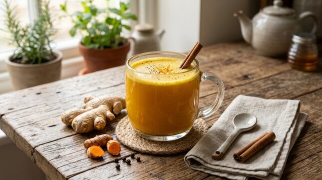 Warming golden turmeric latte with cinnamon and ginger on a rustic wooden table, a healthy comforting drink.