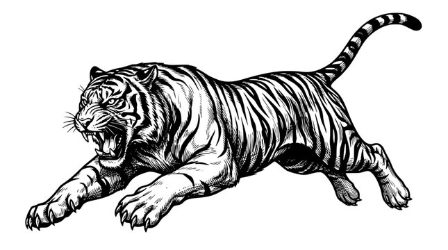 A black and white vector illustration of a tiger running