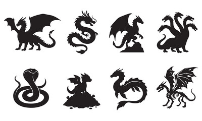 Set of eight black silhouette depicting various mythical dragons, a coiled cobra snake, a small dragon sitting on a treasure pile, and a skeletal dragon, isolated on white © Sabbir Art Express