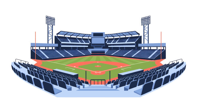 A detailed illustration of an empty baseball stadium with green field, dirt infield, blue seating, and tall light towers, ready for a game.
