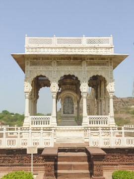 Ornate white marble chhatri cenotaph pavilion at Jaswant Thada in Jodhpur, India.