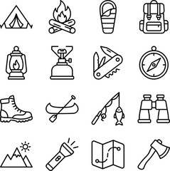 Fototapeta premium Camping and hiking icons with outdoor gear and equipment on white background