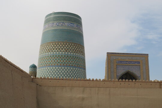 Kaltaminor, the unfinished minaret. (1852-1855) in Ichan Kala. Historic city of Khiva. Uzbekistan. World Heritage Site.