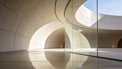 Obraz premium Showcasing curved glass partition and concrete wall in atrium, with circular skylight