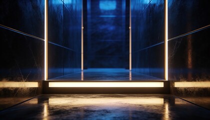 Fototapeta premium Glowing entry casting warmth on marble hall, recessed LED step and LED strips framing blue portal
