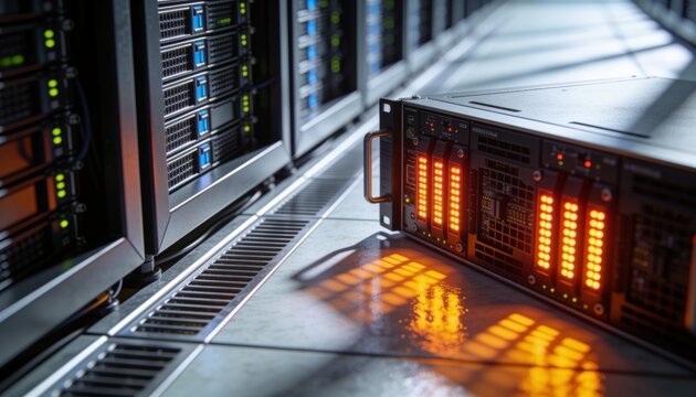 Displaying pulled rack server chassis on raised tiled floor at data center aisle, with amber LEDs