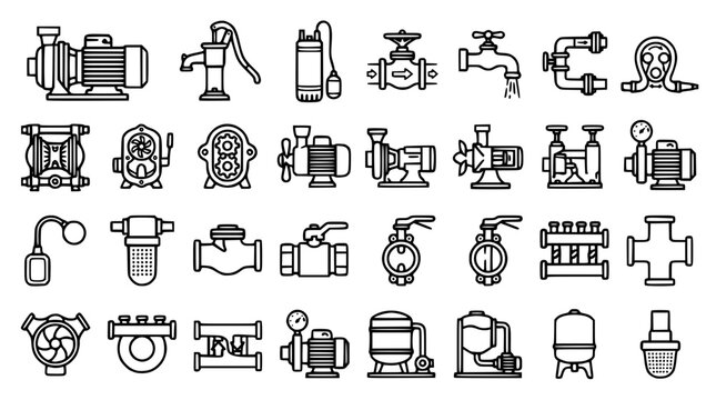 Industrial pump and valve vector graphic illustrations set